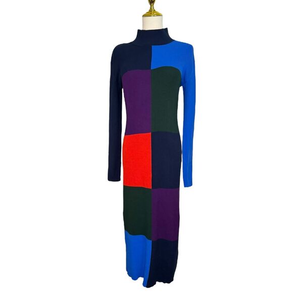 Tory Burch Sport Women’s Small Midi Dress Ribbed Colorblock Knit Multicolor - Picture 5 of 10